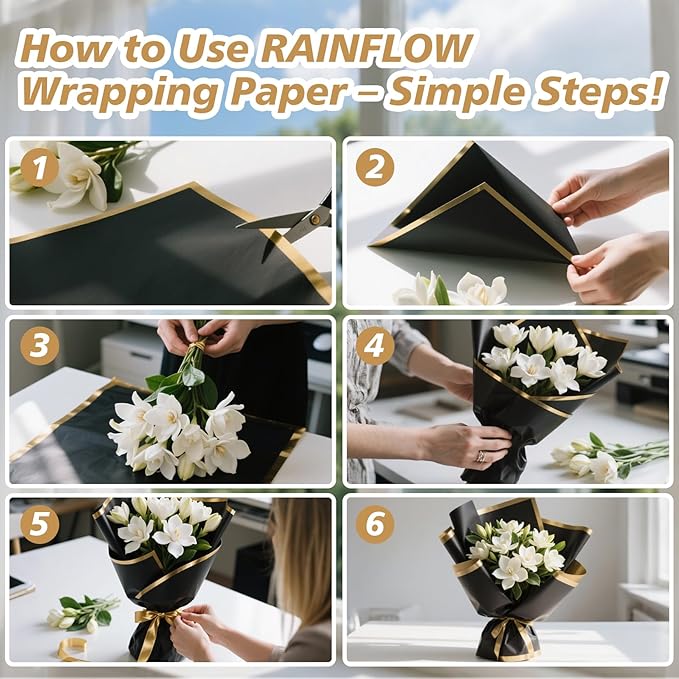 20PCS RAINFLOW Flower Wrapping Paper - Floral Bouquet Wrapping Paper Waterproof Florist Supplies Wedding Birthday Valentine'S Day Gift Flower Packaging Black Gold,22.8x22.8 Inch