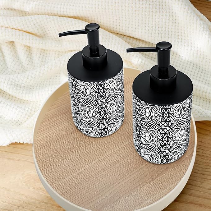 2pcs Hand Soap Dispenser Set, Boho Carving Resin Liquid Soap Dispensers for Bathroom Countertop, Heavy & Sturdy Dish Wash Soap Dispenser for Kitchen, Black