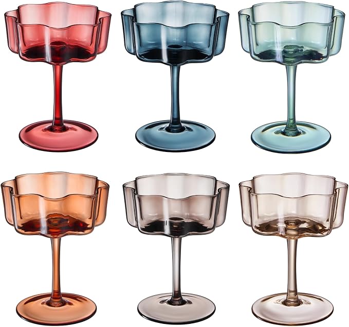 Flower Scalloped Vintage Wavy Petals Wave Glass Coupes 7oz Colorful Martini, Champagne & Cocktails, 6 Set Muted Pastel Shades Rippled Champagne Glasses, Elegant Bar Glassware, Aesthetic Cute Coupe