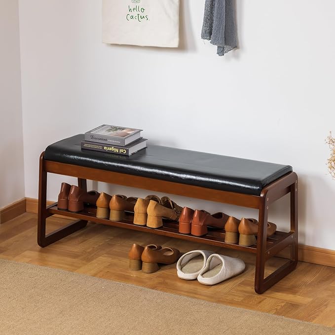 SOBIBO Solid Wood Shoe Bench, 2-Tier Entryway Bench with Cushion and Flip-Open Storage Box, Mid-Century Modern Shoe Bench Rack for Hallway, Mudroom(Black, 39.4'')