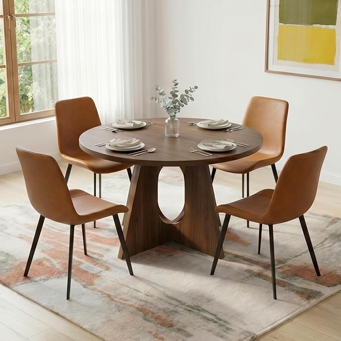 HIPIHOM Modern Round Expandable Dining Table Set for 6, 43.3"-59" Walnut Kitchen Table with 6 PU Leather Chairs, 7-Piece Mid-Century Dining Room Set