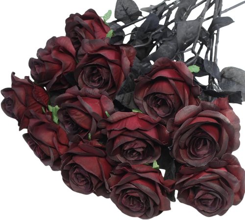 Artificial Roses by Skiennix - 12 Pcs Realistic Burgundy Silk Flowers for Fall Decor & Centerpieces