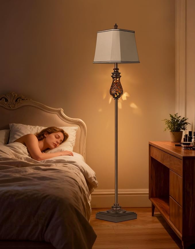 64'' Vintage Floor Lamp with Nightlight, Rustic Farmhouse Tall Standing Lamp with Rotary Switch and Beige Faux Silk Shade for Living Room, Corner, Bedroom, House Decor, Brown (Bulb Included)