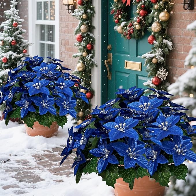 8 Pack 5 Heads Christmas Artificial Poinsettia Flowers Faux Poinsettia Bush Bouquets Silk Poinsettia Christmas Tree Ornaments Poinsettia Flower Arrangement for Home Decor