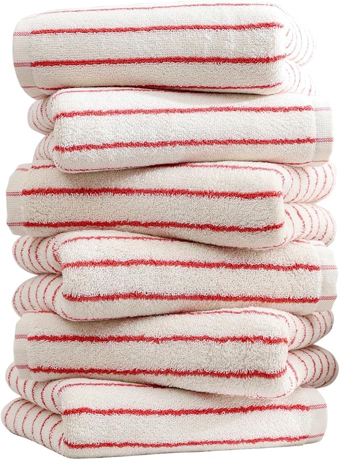 Striped Towels for Bathroom, 6 Pack Bath Hand Towels 100% Cotton Absorbent Quick Dry Face Towels for Bathroom Showering & Guest & Men and Women, 13” x 29”, Red and White Stripe