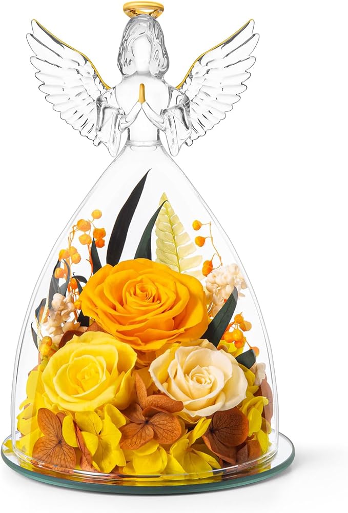 Christmas Roses Gifts for Mom,Preserved Real Flowers Roses in Glass Angel Figurines, for Grandma Women Mom Wife Mother in Law/Yellow