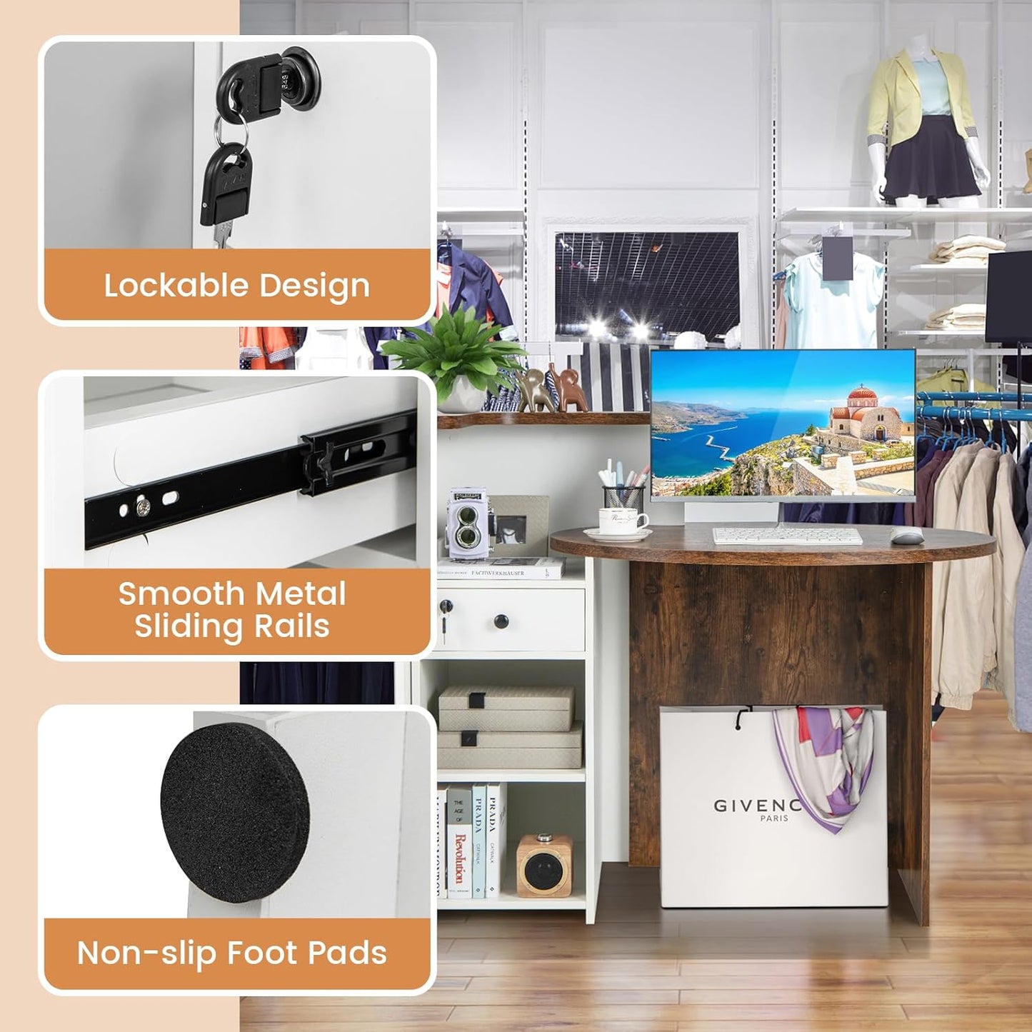 Tangkula Reception Desk - Stylish Front Counter with Lockable Drawer & Adjustable Shelf | Oval Desktop for Salon & Office