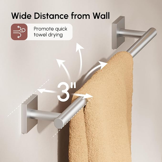 USHOWER Brushed Nickel Towel Bar, 18 Inch Towel Racks for Bathroom Wall Mounted, 304 Stainless Steel Towel Holder with Square Base, Modern Home Decor (Total Length 20 Inch)