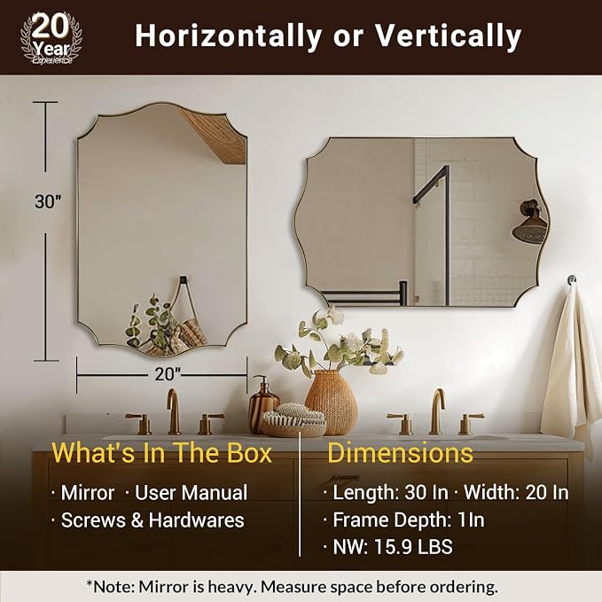 ANDY STAR 20"x30" Gold Vanity Mirror, Bathroom Mirrors for Wall, Antique Champagne Bronze Mirror in Rustproof Stainless Steel Thin Frame, Elegant Curved Scallop Design, Ideal for Home Remodel