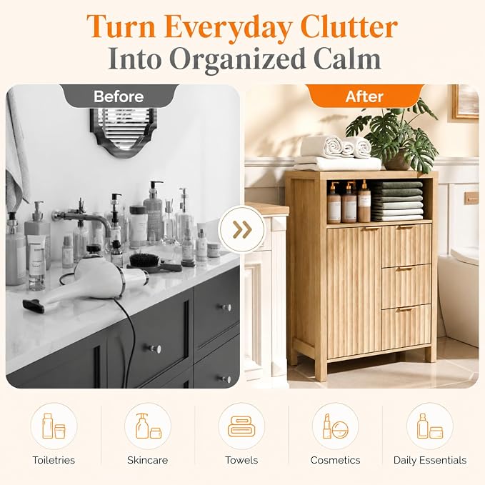 VINGLI Bathroom Storage Cabinet with 3 Drawers & Door, Slim Freestanding Floor Cabinet Organizer for Small Spaces, 30mm Thick-Look Top & Legs, Adjustable Shelf, Modern Fluted Cabinet, Natural Oak