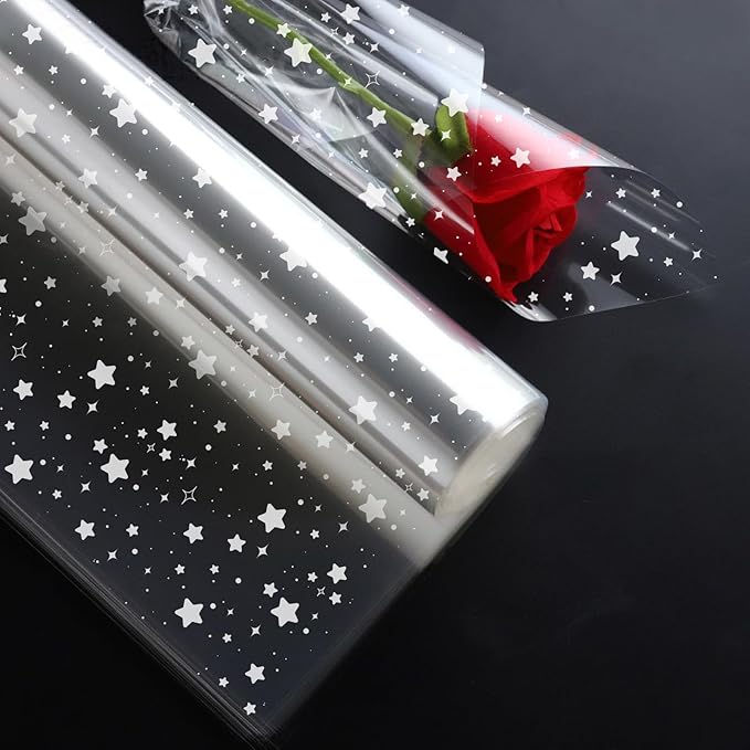GWHOLE Clear Cellophane Wrap Roll, 65 Ft x 23.6 in Star Pattern Cellophane Wrap Clear Wrapping Paper for Gift Baskets Flowers Treats Wine (Width 23.6" folded into 11.8")