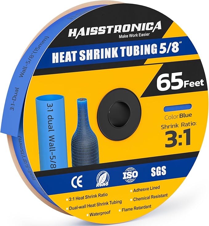 haisstronica 3:1 Heat Shrink Tubing, Shrink Ratio Adhesive Lined Marine Grade Heat Shrink Tube for Home, Automotive and Industrial (Blue) 65FT 5/8inch