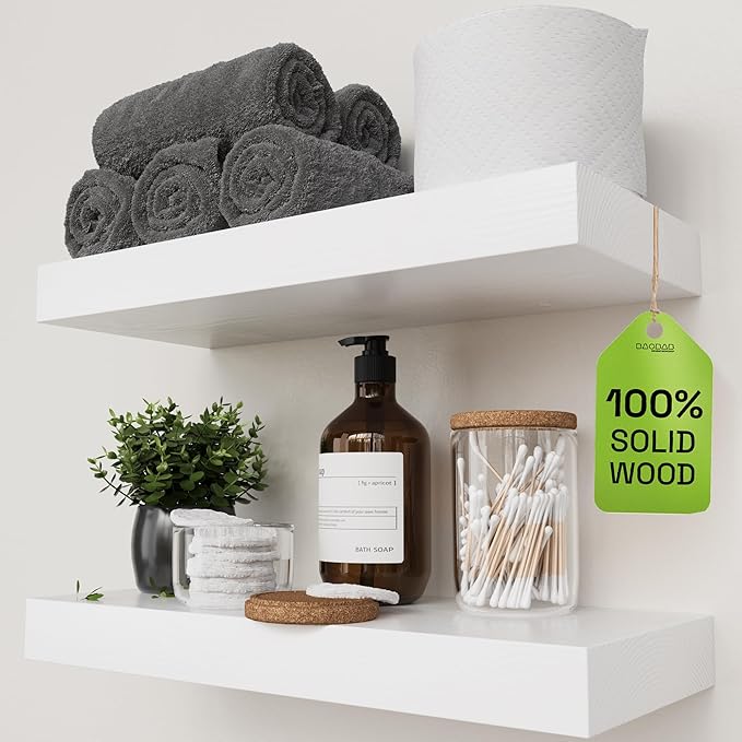 BAOBAB WORKSHOP Wood Floating Shelves for Wall Mounted, 16 inch White Floating Shelf for Bathroom, Solid Wooden Wall Shelves for Kitchen Bedroom Farmhouse, White Finish, 16 x 6.7, Set of 2