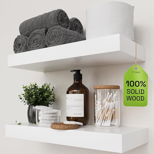 BAOBAB WORKSHOP Wood Floating Shelves for Wall Mounted, 16 inch White Floating Shelf for Bathroom, Solid Wooden Wall Shelves for Kitchen Bedroom Farmhouse, White Finish, 16 x 6.7, Set of 2