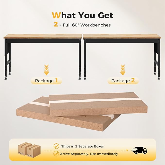 120" Adjustable Heavy Duty Workbench, 2000 LBS Load Capacity Rubber Wood Work Table with Pegboard, Power Outlets, Work Bench for Garage, Workshop, Office, Home, Commercial, Ships in 2 Boxes