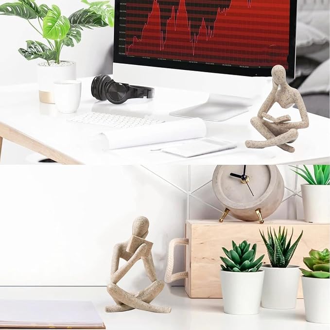 Reading Thinker Statue, Sculptures Abstract Art Ornament, Modern Aesthetic Figurine Decoration Set of 2 Status for Home Living Room Bedroom Office Shelf Table Desk Bookshelf Decor (Sandstone)