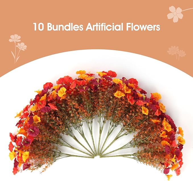 10Pcs Artificial Fall Outdoor Flowers Mums, Faux Silk Realistic Morning Glory Floral Arrangement Planter UV Resistant for Porch Patio Window Box Balcony Garden Decor (10, Fall 3 Colors)