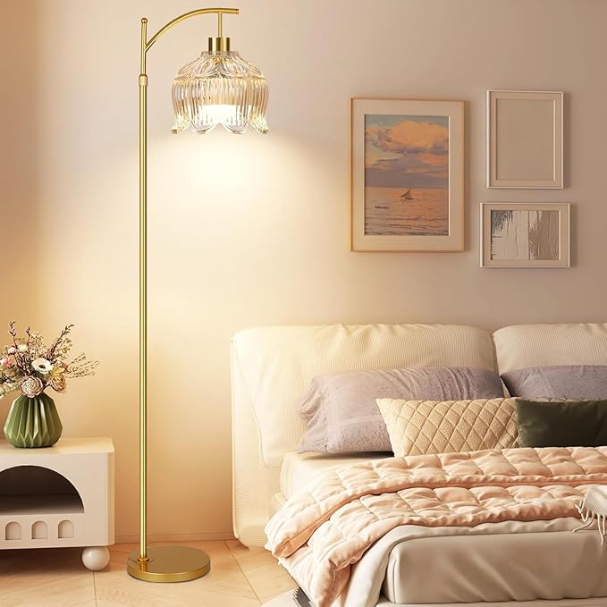 QIYIZM Flower Floor Lamp for Living Room,Bedroom,Gold Dimmable Standing Lamp with Remote,Glass Mid Century Modern Brass Tall Lamp Boho Floor Lamps Arc Stained Floor Light Lamp Bohemian