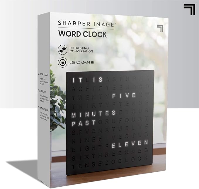 Sharper Image LED Word Digital Clock, 7.75", Black Finish, Light-Up Desk & Wall Clock, Modern Time Display, Shelf or Wall Decor for Home Office, Living Room, Kitchen & Bedroom, Housewarming Gift