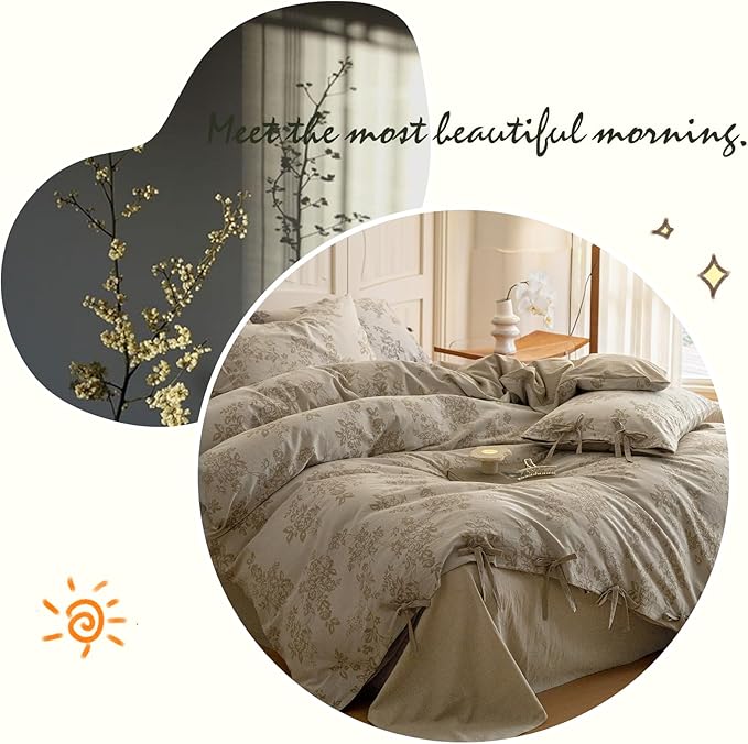 VM VOUGEMARKET Linen Cotton Duvet Cover Set King Retro Monet Flower Bedding Set,Jacquard Yarn-Dyed Textured Comforter Cover with Bowknot-104 x90,Khaki