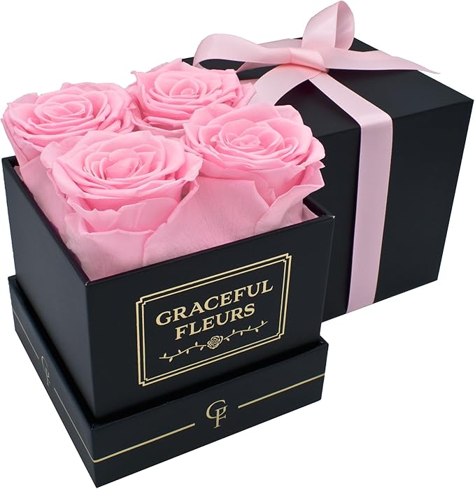 Graceful Fleurs | Real Long Lasting Roses for Years | Preserved Fresh Flowers for Delivery Birthday | Birthday Gifts for Women | Forever Roses in a Box (Pink, Black Box, 4 Roses)