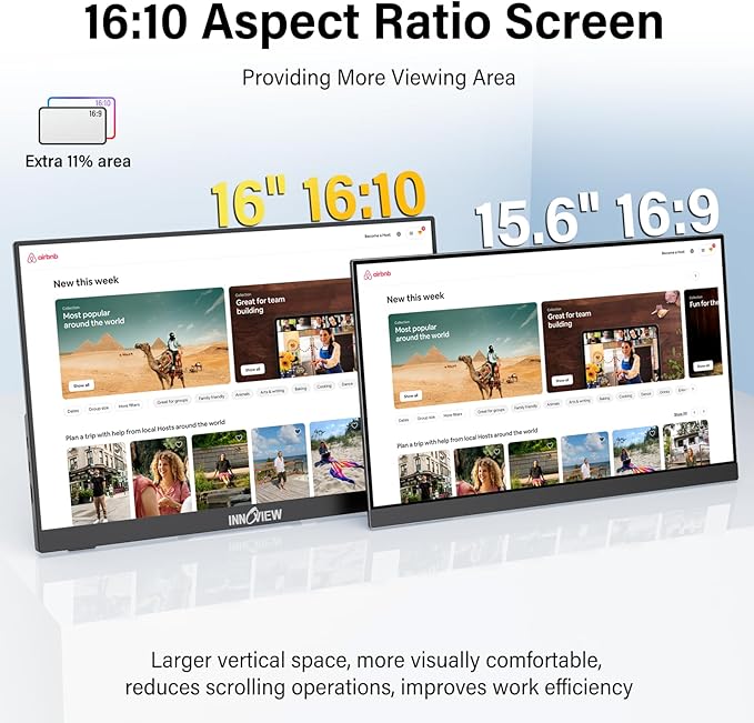 InnoView 16-inch 180Hz Portable Monitor FHD1920×1200 100% sRGB Laptop Screen Extender | 2 x Type-C & HDMI 16:10 Portable Monitor Compatible with 144hz/Macbook/Switch/PS5/Xbox