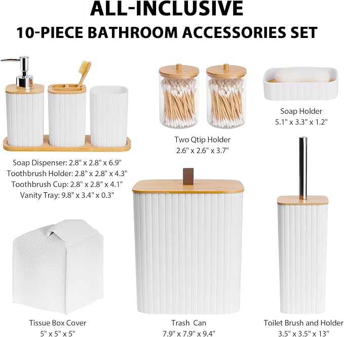 Bathroom Accessory Set - 10 Piece White Bathroom Sets Complete with Trash Can, Toothbrush Holder & Cup, Soap Dispenser, Soap Dish, Toilet Brush & Holder, Vanity Tray, Qtip Holder, Tissue Box Cover