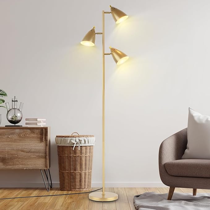 LALISU Tree Floor Lamp for Living Room, Industrial 3-Light Standing Lamp with 3 LED Bulbs, Adjustable Rotation Heads, Standing Tall Pole Lamp Farmhouse Rustic Reading Lamps for Bedroom Office (Gold)