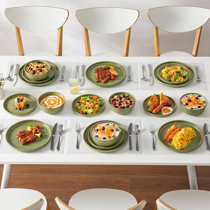 vancasso Plates and Bowls Sets, 18 Pieces Stoneware Dinnerware Set for 6, Ceramic Dish Set for Kitchen, Microwave and Dishwasher Safe, Mossy Green, Series ZERMATT