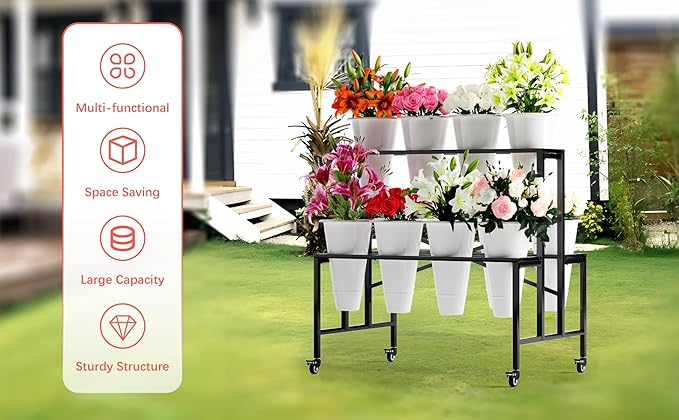 Zhongma Flower Bar Stand Display shelf with White Buckets for Fresh and Diy flowers Bouquet Rack Organizer Heavy Duty Flower Bucket Stand with Wheels