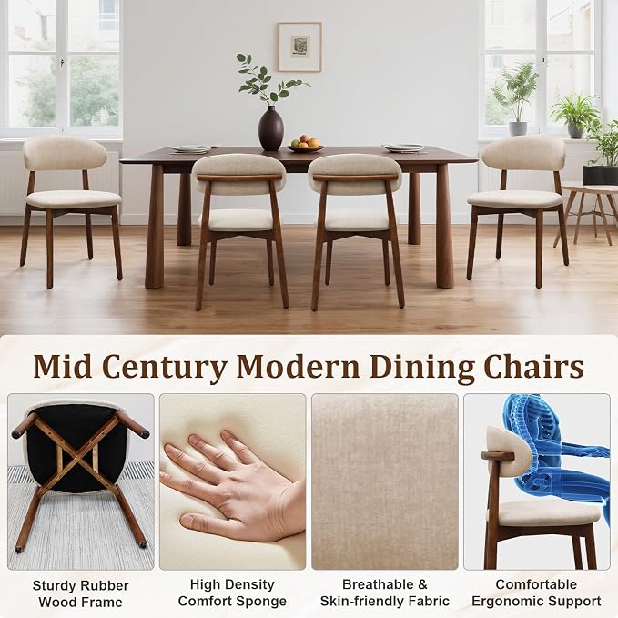 Farmhouse Dining Chairs Set of 2, Mid Century Modern Fabric Upholstered Kitchen Chairs, Wooden Dining Room Chair with Curved Back for Kitchen Dining Room Restaurant Cafe, Light Camel(Only Chairs)