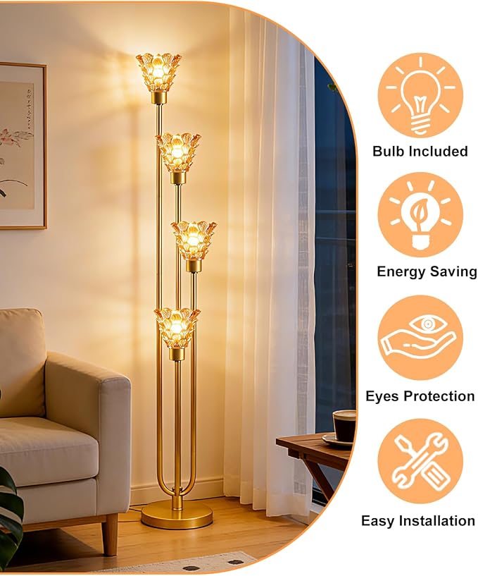 63IN 4-Lights Glass Floor Lamp Modern Dimmable Floor Lamps with Amber Glass Shade& Warm White Bulbs for Wedding/Party, Gold Tall Standing Lamp with 5Lbs Heavy Base for Living Room/Bedroom