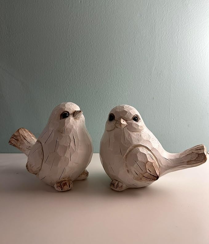KiaoTime Farmhouse Bird Decor Resin Bird Figurines - Set of 2, Vintage & Modern Bird Decor Statue for Home Decor Accents, Cottage Bird Ornaments Decoration New White Carved Rustic Bird Figurine