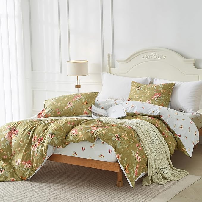 mixinni Duvet Cover Twin XL Size, Long Staple Cotton Reversible Floral Green Duvet Cover Set with Zipper Ties, 3 Pieces Botanical Pink Flowers and Green Branches Patterns Bedding Set