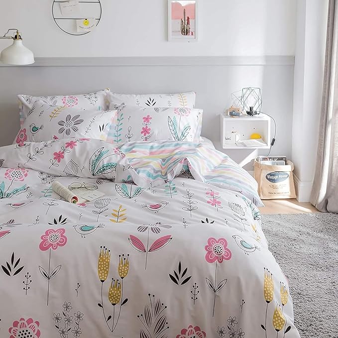 Floral Print Duvet Cover Queen Girls Floral Cotton Comforter Cover Chic Garden Flower Duvet Cover Aesthetic Bedding Sets Reversible Striped Boho Floral Comforter Cover Queen Duvet Cover with Zipper