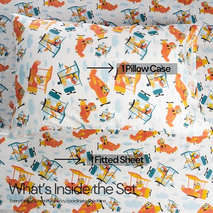 Salt Earth 100% Cotton 210TC Kids Bedsheet, Twin Fitted Sheet, Toddler Bed, 2 Piece Bedding Set 1 Fitted Sheet & 1 Pillowcase, Themed Toddler Bed Sheets, Cute Sheets for Kids Bed(Helicopter)