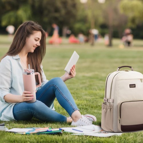 LOVEVOOK Laptop Backpack - Waterproof Travel Bag for 15.6" Laptops | Large Capacity, Beige-Nude-Logam Plum
