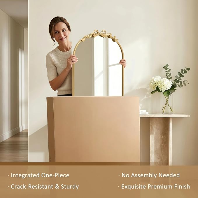 Besdomus Bow Arched Gold Mirror: 22"x30" Gold Antique Vanity Wall Mounted Mirror - Vintage Baroque Traditional Ornate for Bedroom/Bathroom/Makeup Vanity - Wall Decor for Teen Girl