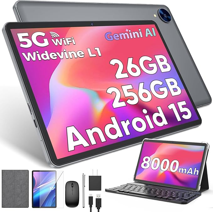 2026 Android 15 Tablet with Keyboard, 26GB RAM, 256GB ROM(2TB Expand), 10 inch tablet with Octa-core, Gemini AI, 8000mAh, 2.4G/5G WiFi, BT 5.0, 5MP+13MP, Tablets with Case, Mouse, Stylus (Silver Case)