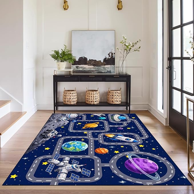 Outer Space Rug Astronaut Road Map Area Rug for Entryway Bedroom Living Room Nursery Kitchen Playroom Home Decor Washable Educational Floor Mat Galaxy Themed Carpet,3'x5'