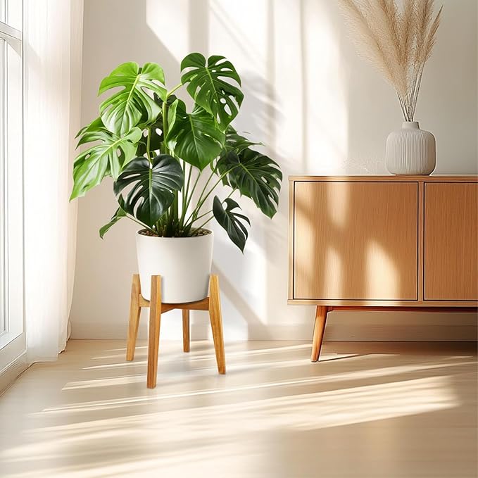RAINBLELAND Indoor Plant Stand, Mid Century Modern Plant Holder, Pot Stand for Large Plants, Stable Wood Planter Stand for Indoor Outdoor, Fit 11 Inch Pots