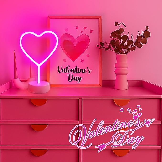 BHCLIGHT Pink Heart Neon Sign, Valentines Day LED Neon Light Battery Operated or USB Powered Valentines Pink Heart Lights, Table Lamp for Galentines Day Decorations, Wedding, Gifts for Women, Lover.