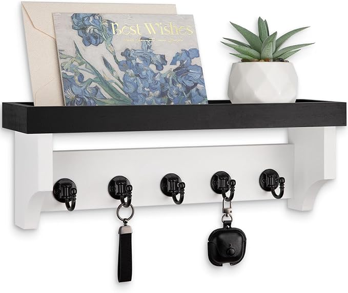 Lucundm Key and Mail Holder Wall Mount, Key Holder with Shelf and Mail Organizer Wall Mount. Mail Holder with 5 Hooks for Coat, Dog Leash, Home Decor Rack, Entry Way Organizer (Black & White)