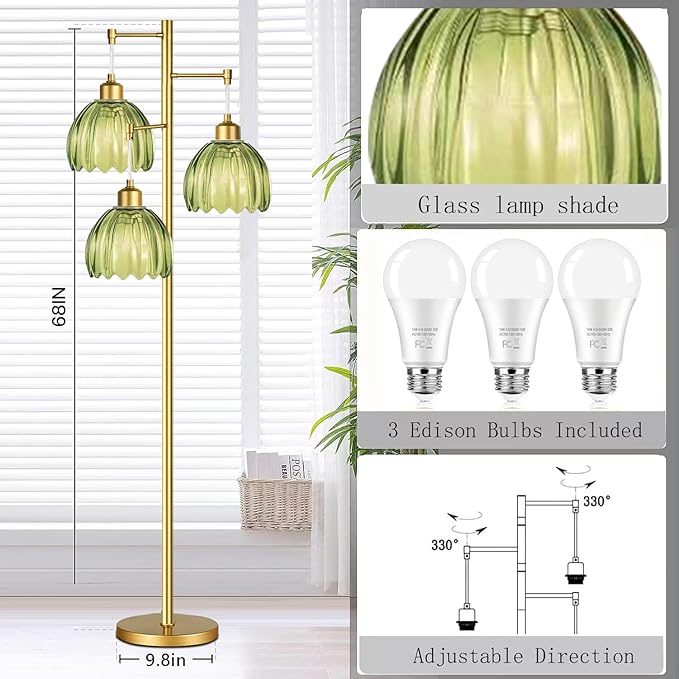 Glass Floor Lamp for Living Room,Bedroom,Gold Mid Century Modern Standing Lamp Brass Tree 3 Light Tall Floor Lamps Vintage Retro Floor Lights Green Flower Lamp Shade Farmhouse Boho Bohemian