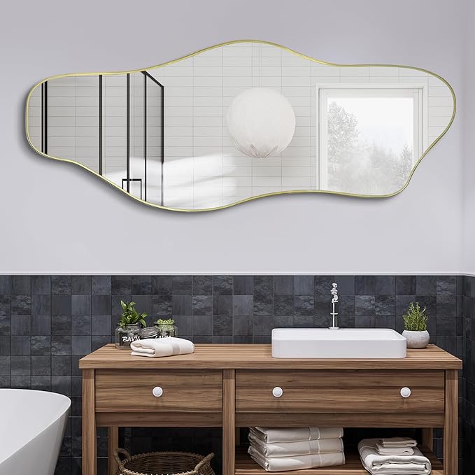 Irregular Wall Mirror, 60"x24" Large Asymmetrical Tempered Glass Mirror, Gold Modern Organic Frameless Mirrors for Entryway Hallway Bedroom Living Room, Horizontal or Vertical Hanging