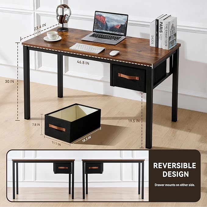 Computer Desk with Drawer, 47 Inch Home Office Work Desks, Modern Writing Study PC Desk Gaming Table for Small Place Bedroom, Thickened Tabletop and Stable Metal Frame Leg（Rustic Brown）