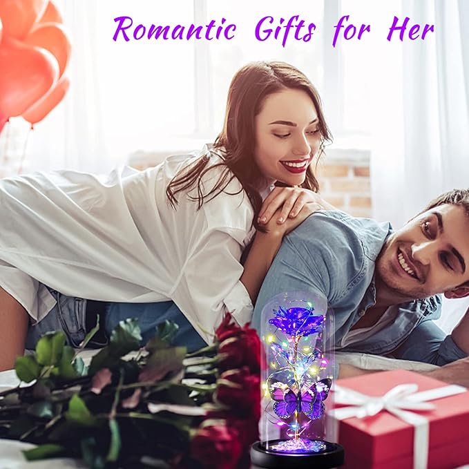 Purple Butterfly Rose Flower Birthday Gifts - Women Gifts for Her Mothers Day Valentines Anniversary Christmas Thanksgiving - Light Up Rose Flower Gifts for Mom Wife Grandma Girlfriend Daughter Sister