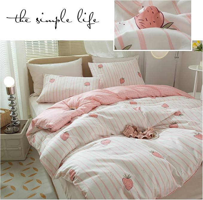 Cute Strawberry Duvet Cover Twin XL Soft 100% Cotton Pink Strawberry Bedding Sets Lightweight Kids Fruit Duvet Cover for Boys Girls Kawaii Bedroom Decor Reversible Pink Plaid Twin XL Bedding Set