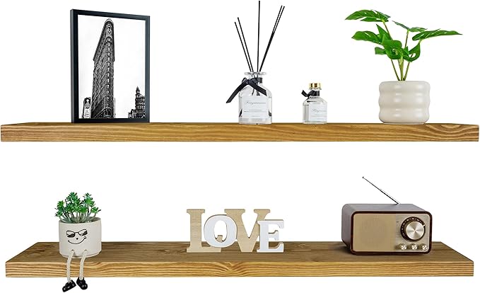 BGMG Wood Floating Shelves for Wall 42 inch Set of 2, Rustic Wooden Wall Mount Shelves for Living Room Bedroom Kitchen Farmhouse-42x6.7x1.25 inch- Gold Oak