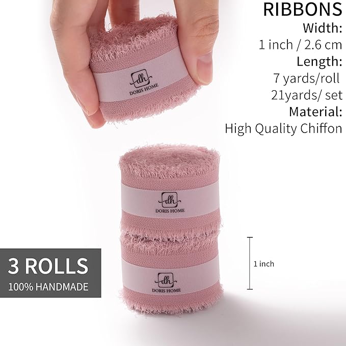 DORIS HOME Mauve Chiffon Ribbon for Flower Bouquet, 1" x21Yd Fabric Ribbon for Gift Wrapping, Handmade Frayed Ribbon for Wedding Invitations/Christmas Decorations